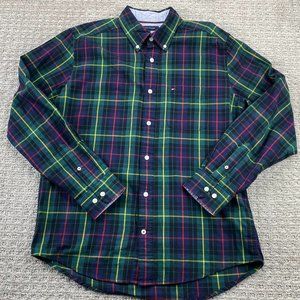 Tommy Hilfiger Shirt Men Medium Green Multicolor Plaid Button Down Long Sleeve